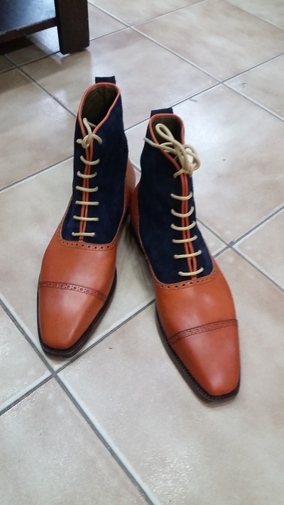 Handmade Brown Leather Blue Suede Unique Ankle High Lace up Dress Boot For Men