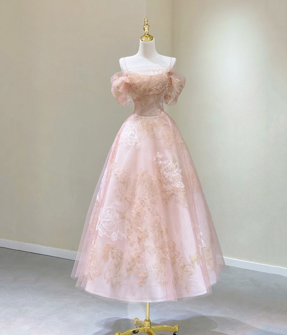Pink Tulle Lace Tea Length Prom Dress, Pink Off Shouler Party Dress