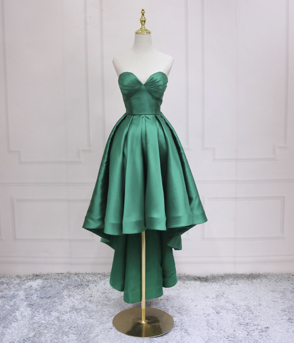 Green Satin High Low Party Dresses, Strapless Green Homecoming Dresses