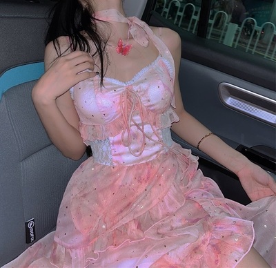 Sweet Romantic Star Ruffled Layered Long Pink Dress