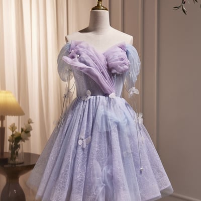 Purple tulle short prom dress, a-line off shoulder evening party dress - Thumbnail 1