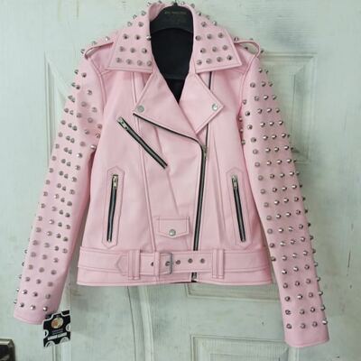 women pink studded leather rock steam punk style biker jacket, women silver studs spiked pink jacket  - Thumbnail 5