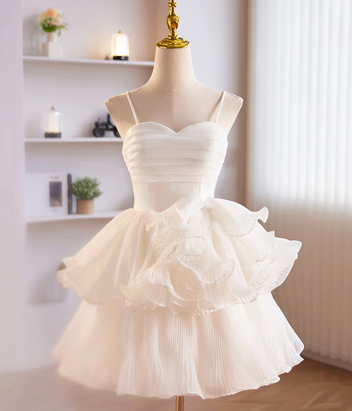 White Spaghetti Strap Tulle Party Dress, Cute A-Line Knee Length Prom Dress
