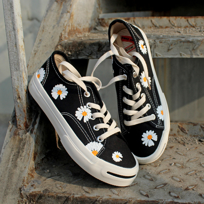 Summer low-top canvas shoes black all-match daisy graffiti hand-painted sun flower lace-up sneakers
