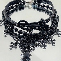 Black Gothic EGL Cross Star Double Layer Beaded Leather Necklace - Thumbnail 2