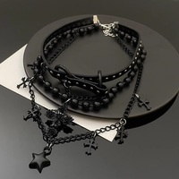 Black Gothic EGL Cross Star Double Layer Beaded Leather Necklace - Thumbnail 5