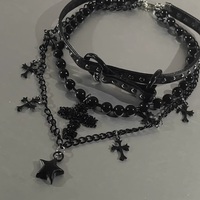 Black Gothic EGL Cross Star Double Layer Beaded Leather Necklace - Thumbnail 7