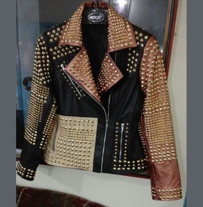 New Woman Motorcycle Fashion Golden Full Studded Leather Jacket
