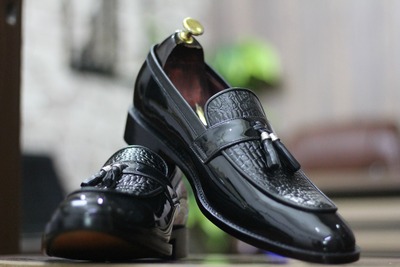 New Fashion Beautiful Patent and Alligator Print Texture Handmade Leather Tussle Loafer Shoes for Men's