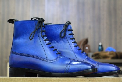 Men,s Blue Cap Toe Leather Ankle Boots. Men Dress Formal Fashion Boot