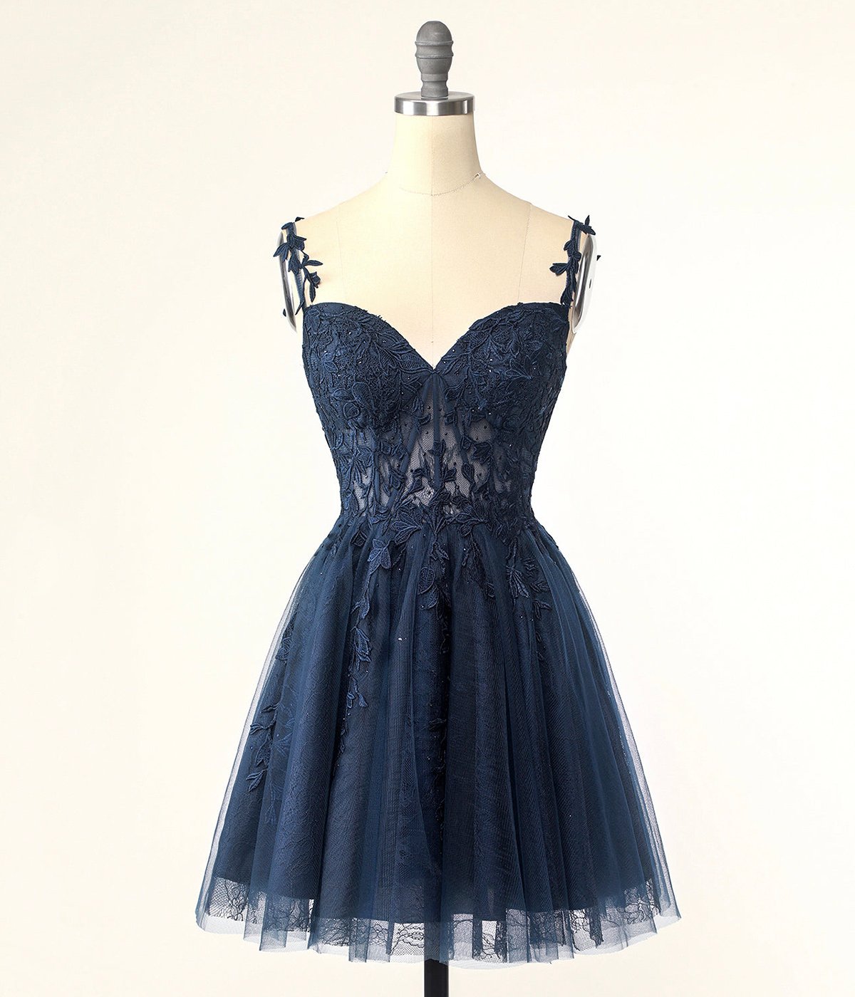 Navy Spaghetti Straps Knee Length Party Dress with Applique