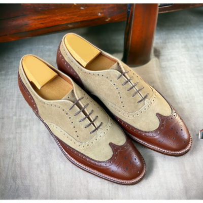 Bespoke Hand Stitched Wing Tip and Brogue Toe Brown Beige Color Leather Suede Lace Up Shoes for Men's