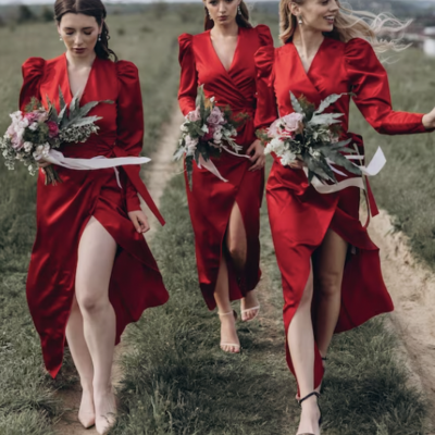 V neck ankle length bridesmaid dresses with full sleeves - Thumbnail 2