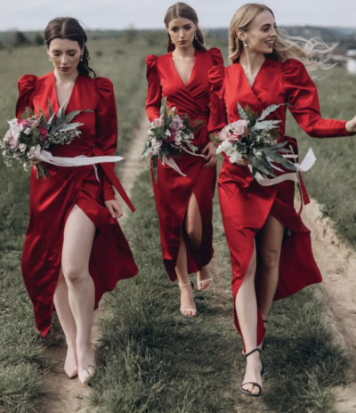 V Neck Ankle Length Bridesmaid Dresses with Full Sleeves