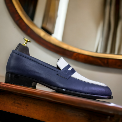 Men's Penny Loafer New Stylish Blue and White Colour Genuine Leather Shoes