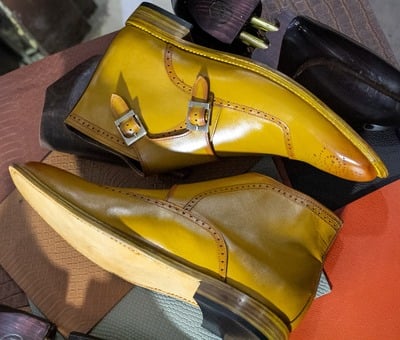 Men's Half Ankle Two Shaded Colour Double Buckle Style Pure Handmade Leather Brogue Toe Boots