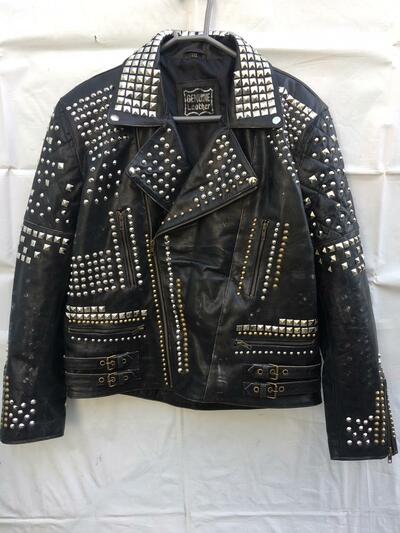 Handmade Men Black Punk Silver Golden Bronze Studded Spiked Chains Designed Biker Leather Jacket