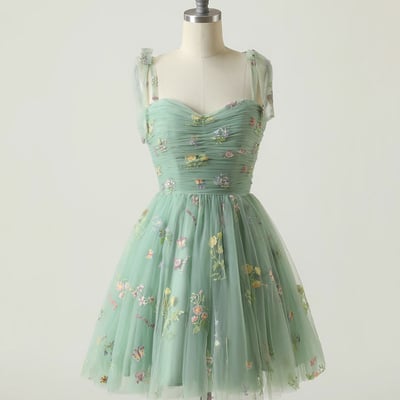 Green spaghetti straps a line tulle floral short prom dress - Thumbnail 1