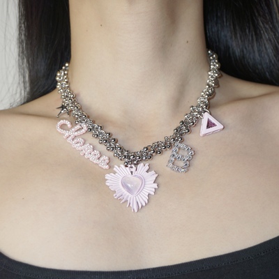 Y2K Retro Silver Chain Crystal Pink Blue Heart Pendant Necklace