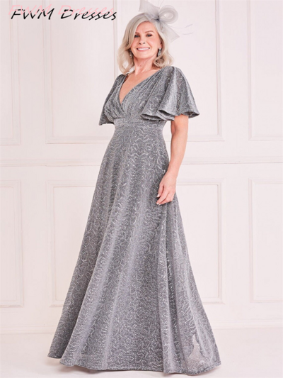 Sequin Flutter Sleeve Maxi Silver Mother Of The Bride/Groom Dress For Wedding Party V-neck Eveing Gown For Women Custom Made