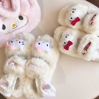 Plush Fluff Cat Kitty Pink Red Bow Furry Winter White Shoes Slippers