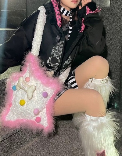 Y2K Star Bone White Pink Plush Handmade 3D Bag