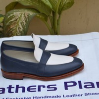 Handmade Blue White Moccasin Loafers Dress Shoes For Men - Thumbnail 4