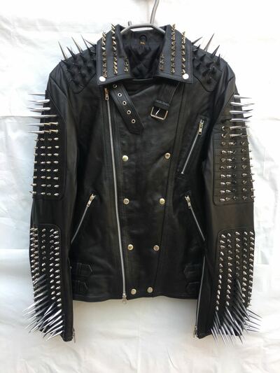 Men's Handmade Black Silver Long Spiked Studded Cowhide Leather Jacket