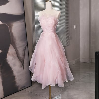 Pink tulle beaded tea length prom dress  - Thumbnail 2