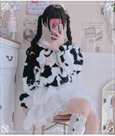 Cow Pattern Black White Pink Sailor Collar Plush Jacket Coat