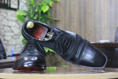 Handmade Black Color Pure Leather Suede Lace Up Cap Toe Style Dress Shoes for Men's