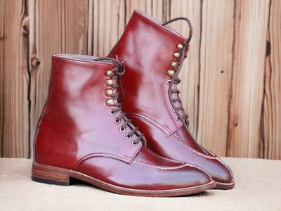 Burgundy Color New Fashion Stylish Split Toe Lace Up Genuine Leather Ankle Boots for Men's