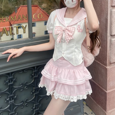 Sweet Rabbit Pink Plaid Sailor Collar Shirt & Skirt Set