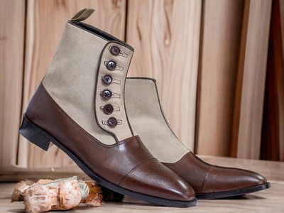Men's Hand Stitched Button Top Two Tone Color Leather Suede Cap Toe Classic Boots