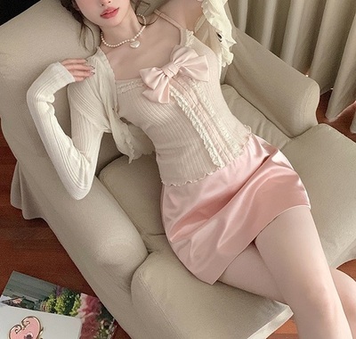 Coquette Sweet Knitted Bowknot Lace Camisole Cardigan Pink Satin Skirt Three Piece Set