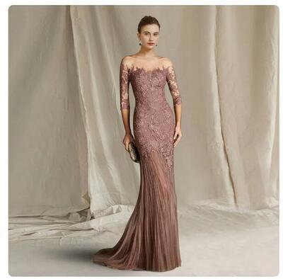 Mermaid Mother of the Bride /Groom Dresses Sweep Train Lace Wedding Guest Gowns 3/4 Sleeves Elegant Dress Women For Wedding Party