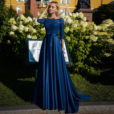 Elegant Royal Blue Lace Mother Of The Bride/Groom Dress Scoop Neck Three Quarter Sleeves Bow Belt Satin A-line Mother Gowns