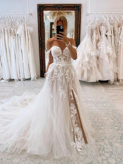 A-Line/Princess Tulle Applique Off-the-Shoulder Sleeveless Chapel Train Wedding Dresses,1595