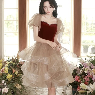 Cute velvet tulle knee length prom dress, a-line short sleeve evening dress - Thumbnail 1