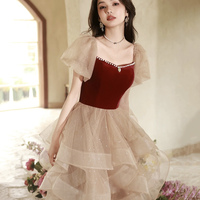 Cute Velvet Tulle Knee Length Prom Dress, A-Line Short Sleeve Evening Dress - Thumbnail 2