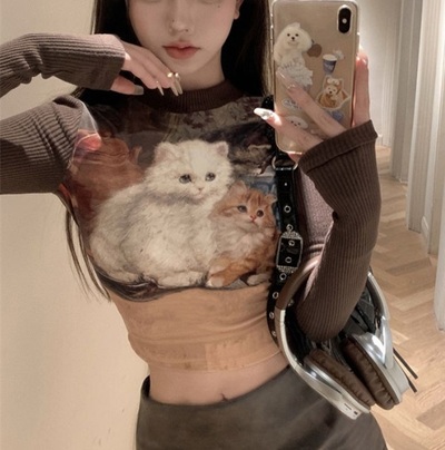 Retro Y2K Hot Girl Cat Print Long Sleeve Grunge Brown Shirt Crop Top