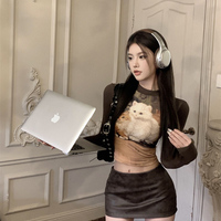 Retro Y2K Hot Girl Cat Print Long Sleeve Grunge Brown Shirt Crop Top - Thumbnail 1