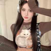 Retro Y2K Hot Girl Cat Print Long Sleeve Grunge Brown Shirt Crop Top - Thumbnail 3