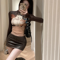 Retro Y2K Hot Girl Cat Print Long Sleeve Grunge Brown Shirt Crop Top - Thumbnail 6
