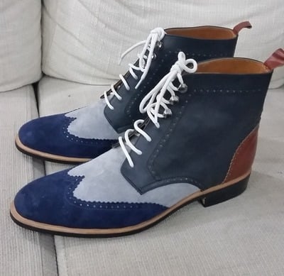 Unique and Classic Tri Tone Color Gray and Blue Suede Leather Wingtip Ankle High Lace up Boot