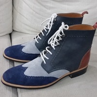 Unique and Classic Tri Tone Color Gray and Blue Suede Leather Wingtip Ankle High Lace up Boot - Thumbnail 2