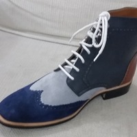 Unique and Classic Tri Tone Color Gray and Blue Suede Leather Wingtip Ankle High Lace up Boot - Thumbnail 3