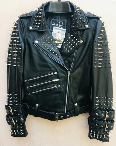 Handmade Women Black Punk Silver Spiked Studded Leather Biker Jacket