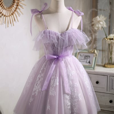 Cute spaghetti strap tulle lace short prom dress, lavender a-line party dress - Thumbnail 1
