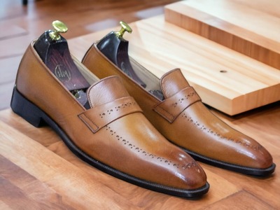 Men's Handmade Tan Color Genuine Leather Party Wear Loafer Shoes